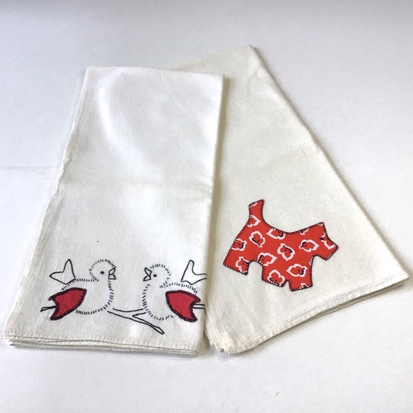 Vintage Hand Embroidered Appliquéd Tea Dish Kitchen Towels Flour Sack Birds Dog - Picture 1 of 9